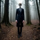 Man in dark suit in misty forest with bare trees and fallen leaves