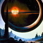 Ringed Planet Sunset Over Dark Forest in Sci-Fi Landscape