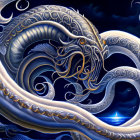 Gigantic sea serpent with ornate patterns dwarfs sailboat in moonlit ocean