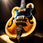 Sunburst Electric Guitar with F-Holes and Bigsby Tremolo Bridge in Dramatic Backlight