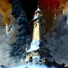 Medieval tower engulfed in flames and smoke against dark sky