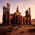 Ancient ruins illuminated in warm desert light at sunrise or sunset