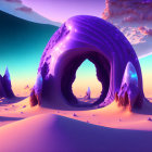 Vibrant surreal landscape with purple archway and sparkling formations