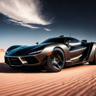 Black sports car with unique design in desert landscape