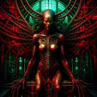 Futuristic humanoid figure in neon-lit sci-fi setting