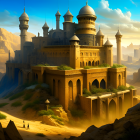 Fantasy castle with towers on cliff in golden sunset landscape