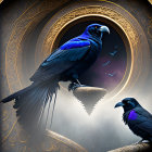 Iridescent blue raven on branch with cosmic backdrop in ornate gold frame