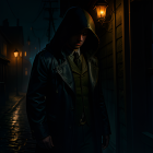 Person in hooded cloak and leather jacket on foggy, cobbled street at night