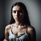 Dark-haired woman gazes sideways in soft lighting against moody backdrop