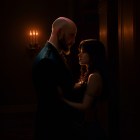 Bald man embraces woman in candlelit room