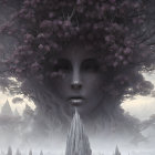 Surreal artwork: face blended into tree, intricate branch hair, haunting eyes, misty mon