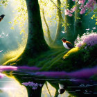 Tranquil forest landscape with purple flowers, lush greenery, reflective pond, and birds in mist