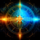 Mystical compass digital illustration with intricate blue and golden glow