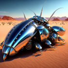 Shiny metallic beetle in desert landscape with rocks