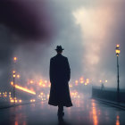 Mysterious figure in trench coat and hat in foggy urban setting