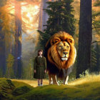 Young girl with majestic lion in sunlit autumn forest