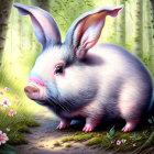 Adorable piglet with oversized ears in enchanted forest scene