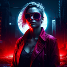 Stylish woman in sunglasses in neon-lit sci-fi urban setting