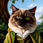 Stylized painting of cat with human-like body in green coat against foliage.