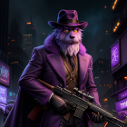 Anthropomorphic wolf in suit with gun in neon-lit cityscape