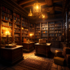 Dimly-lit study with wooden bookshelves, chandeliers, desk, candles, and