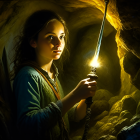 Young girl in cave with lit spark-emitting staff and determined eyes.