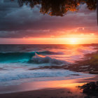 Tropical beach sunset with crashing waves and palm trees