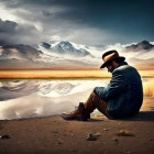 Person in hat and denim by tranquil lake with mountain reflection and dramatic sky