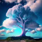 Glowing blue tree on hill overlooking calm sea