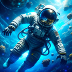 Astronaut floating in space with Earth reflection and stars.