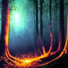 Nighttime forest scene with glowing blue and orange hues and mystical light