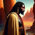 Man with dreadlocks in beige cloak standing in rocky desert