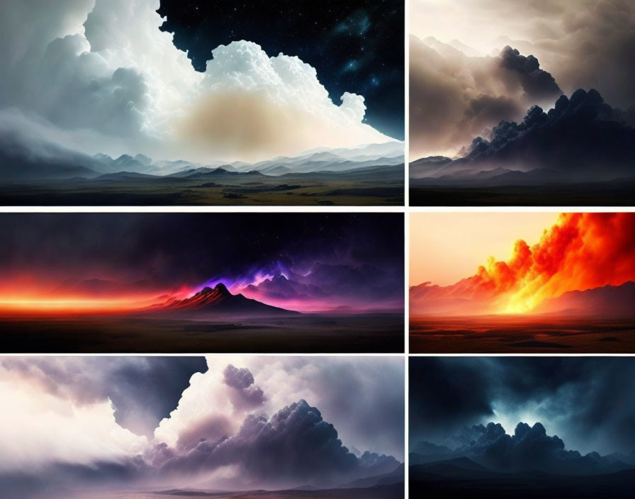 Six Dramatic Landscape Collage: Starry Skies, Sunsets, Stormy Clouds