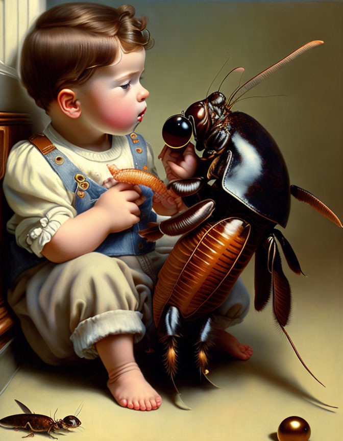 Curious child in overalls examines cartoonish cockroach with magnifying glass