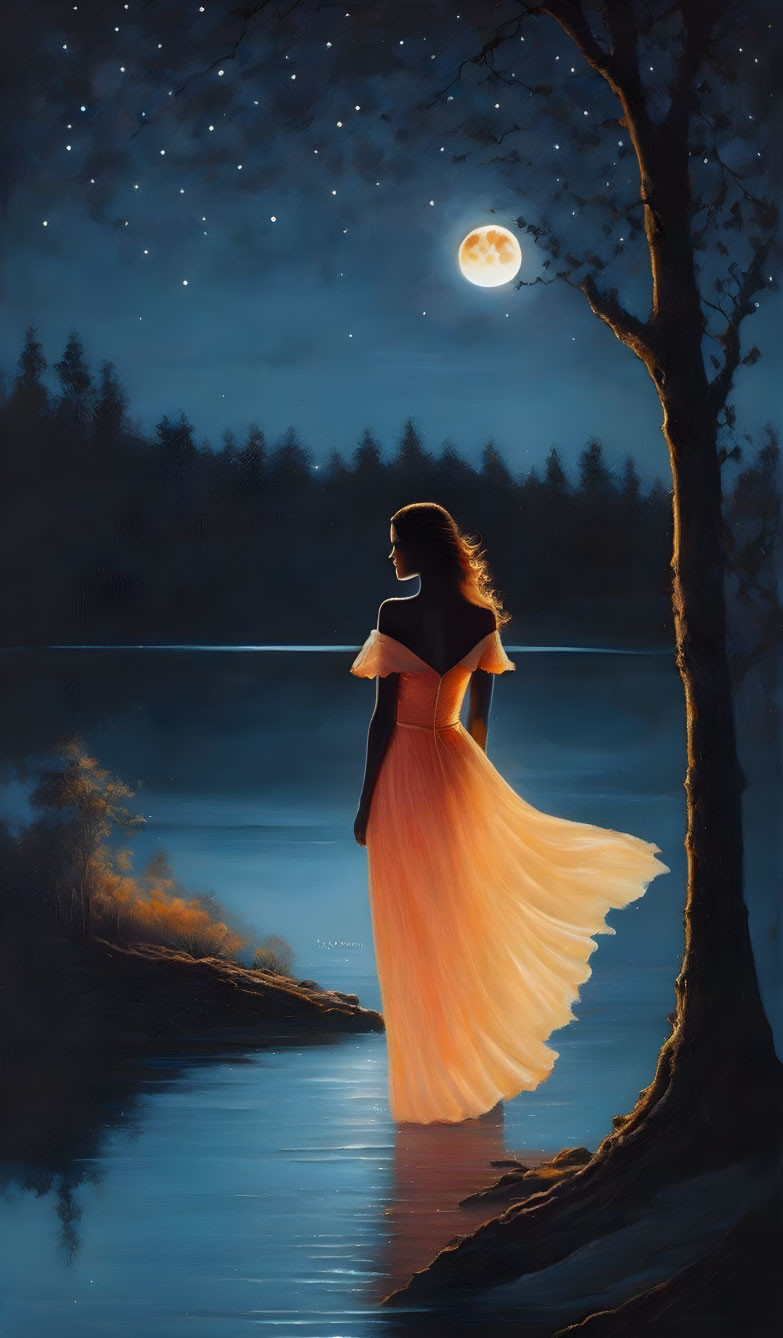 Woman in orange dress by moonlit lakeside in forest scene