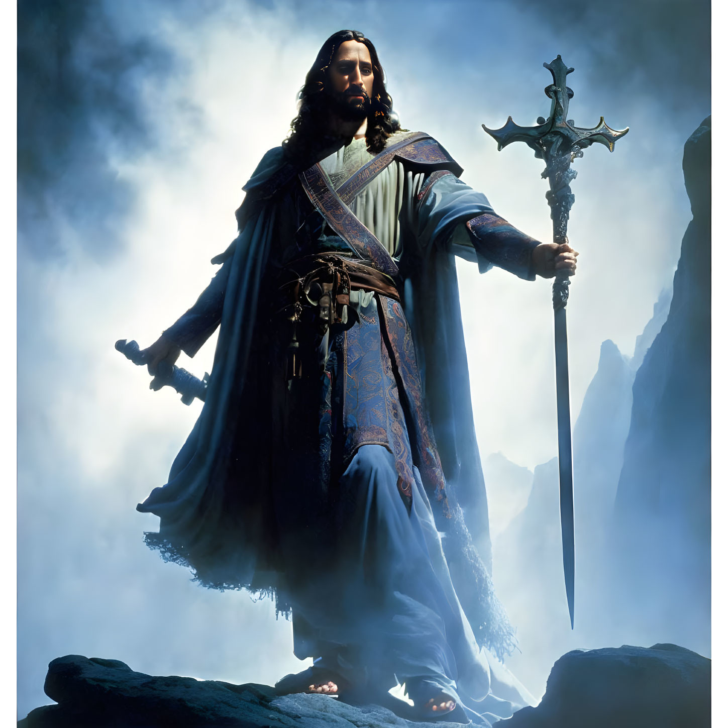 Regal figure in blue cloak with sword against misty mountain backdrop