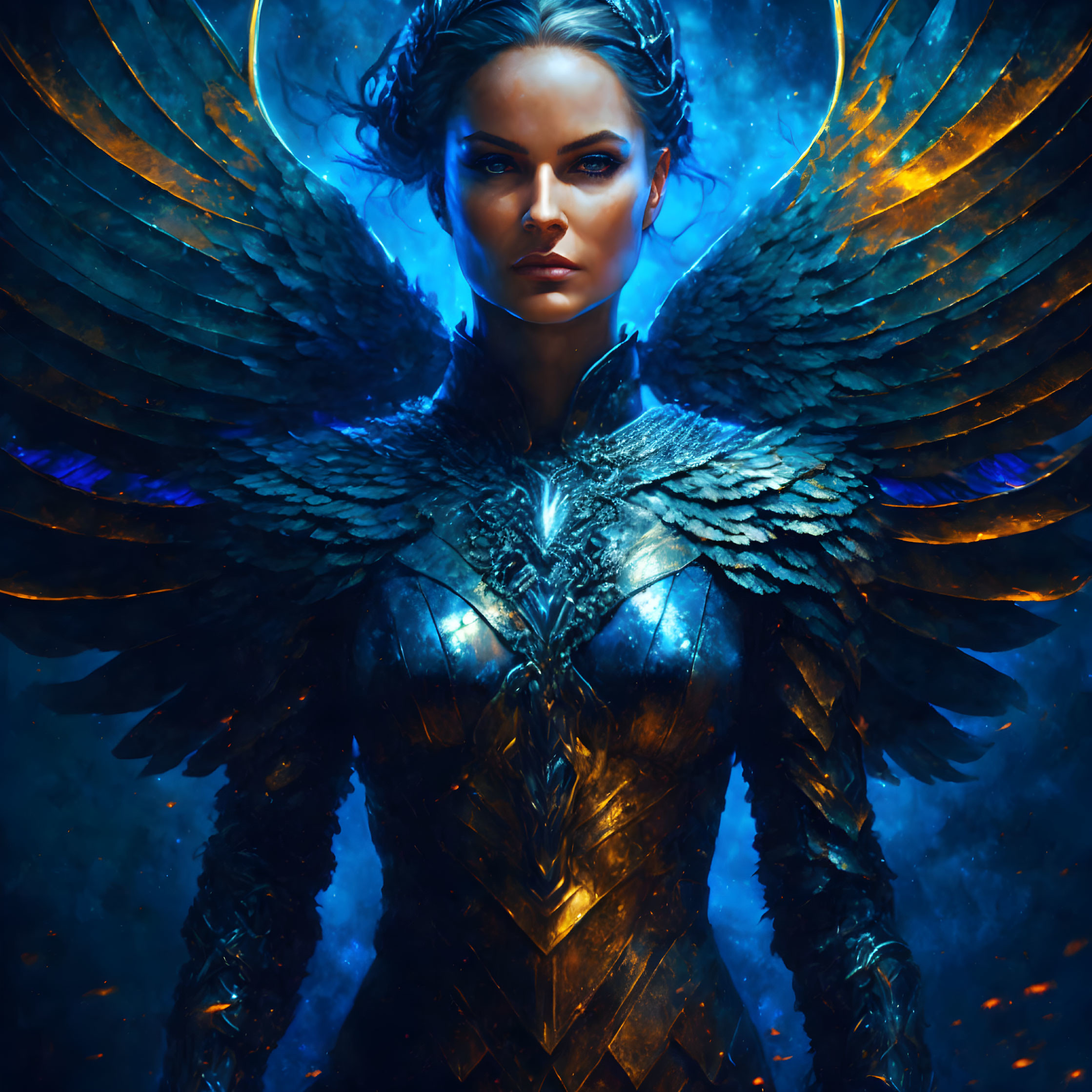 Digital artwork: Female figure with glowing wings and intricate armor on mystical blue backdrop