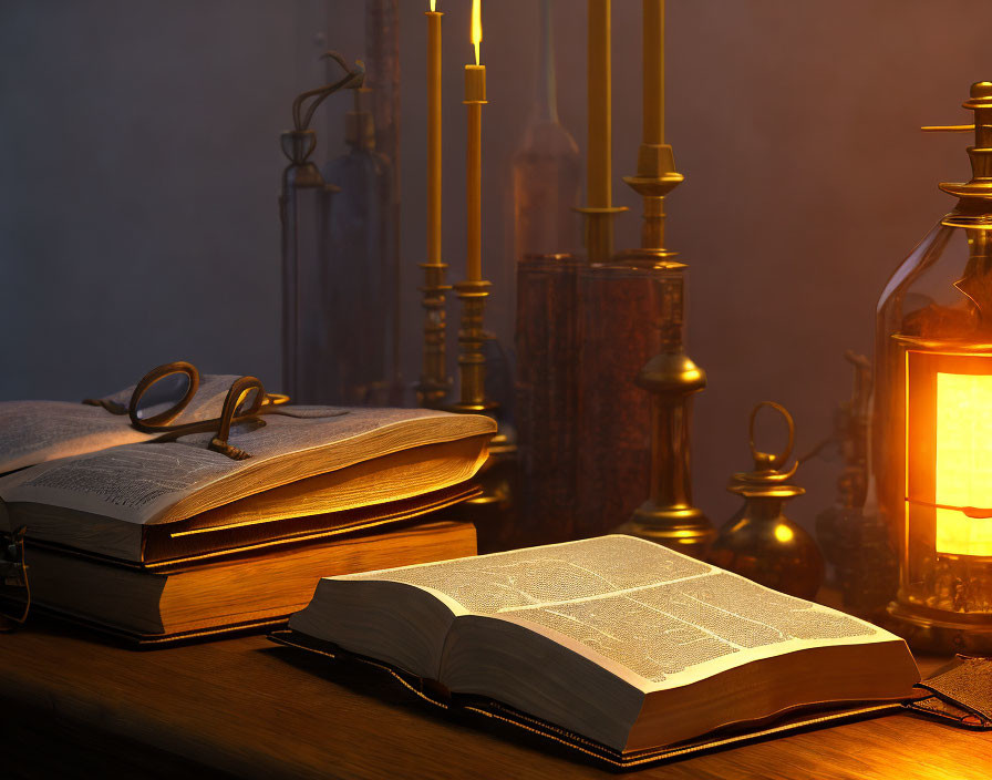 Vintage wooden table with open books, glasses, and oil lamp - cozy ambiance