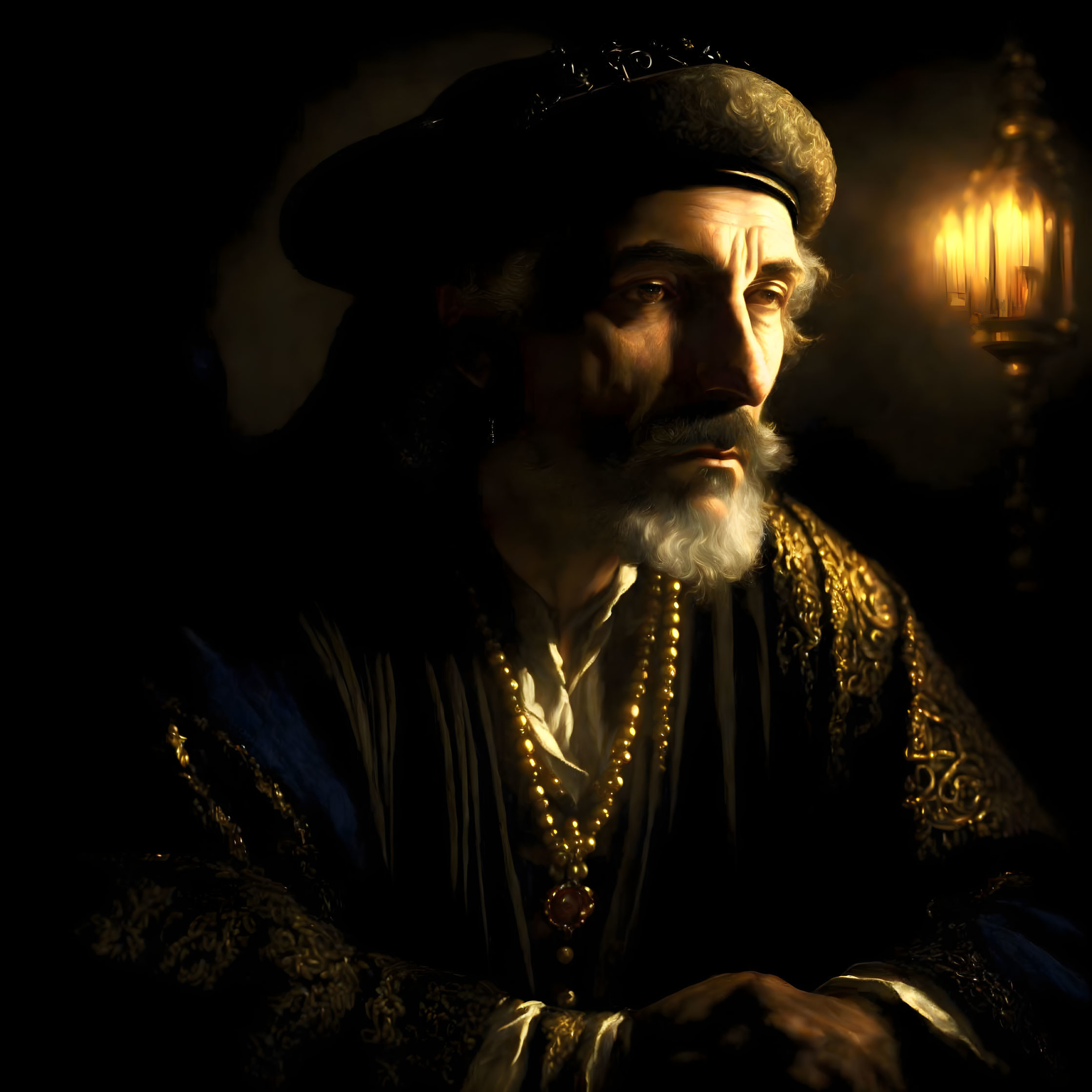 Historical man portrait with beret, mustache, beard, gold chain, dramatic lighting