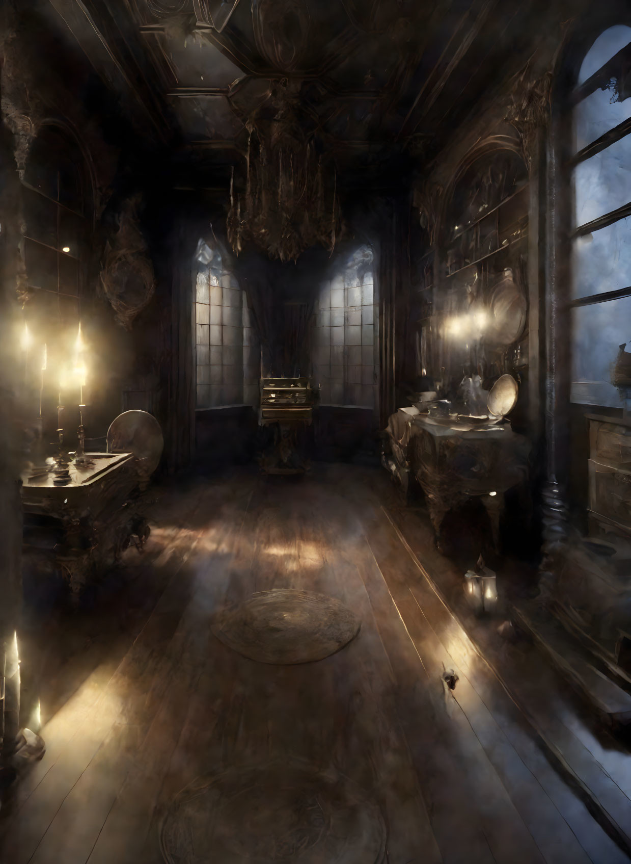 Dimly lit ornate room with antique furniture, candelabras, piano, and large window.