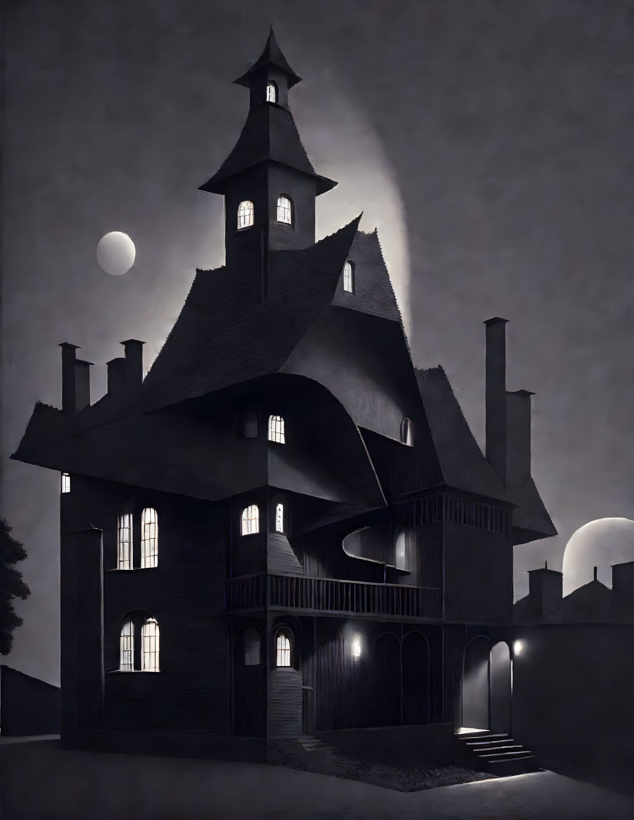 Gothic-style house with steep roofs and tower under full moon