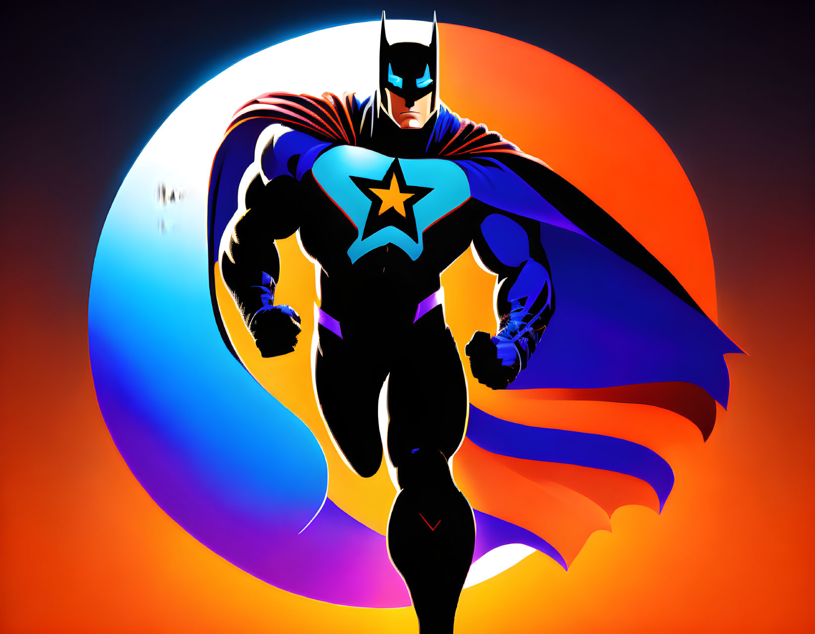 Dynamic Batman illustration with superhero pose on orange and blue background