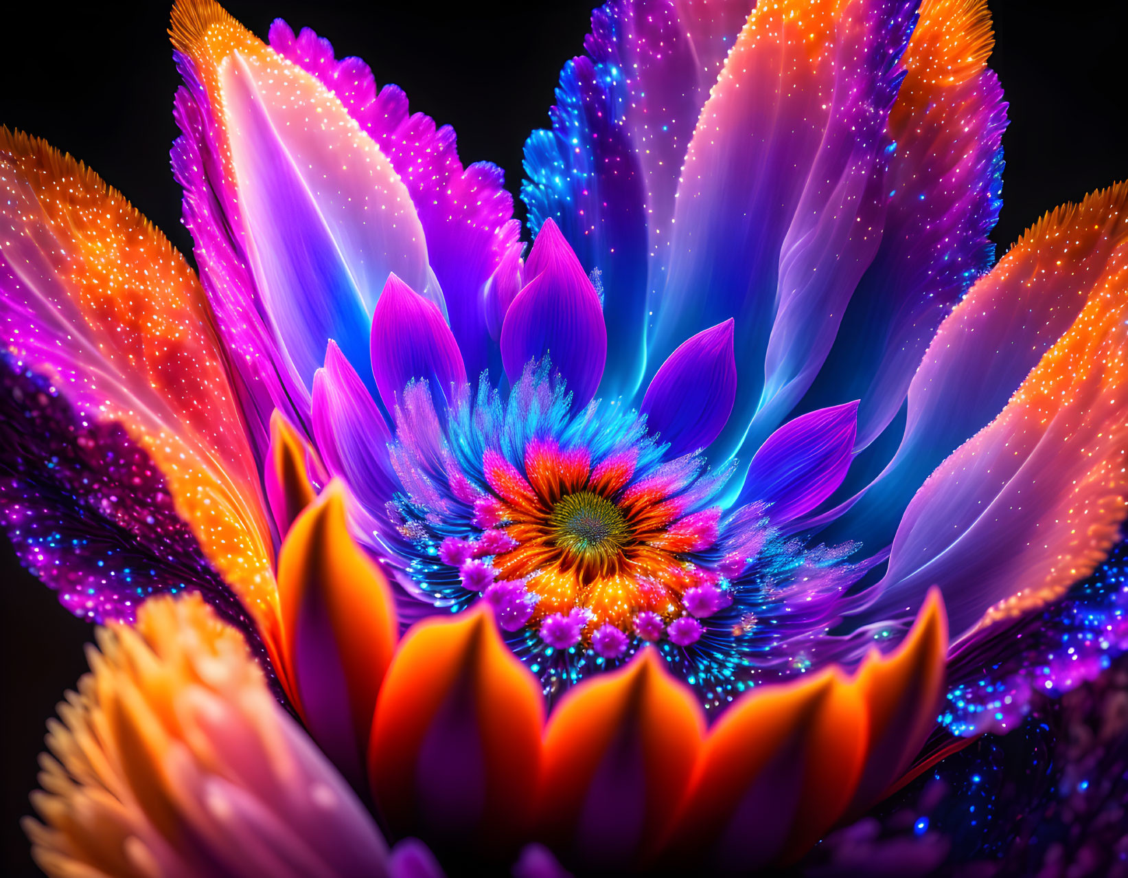 Neon-colored flower digital artwork on dark background