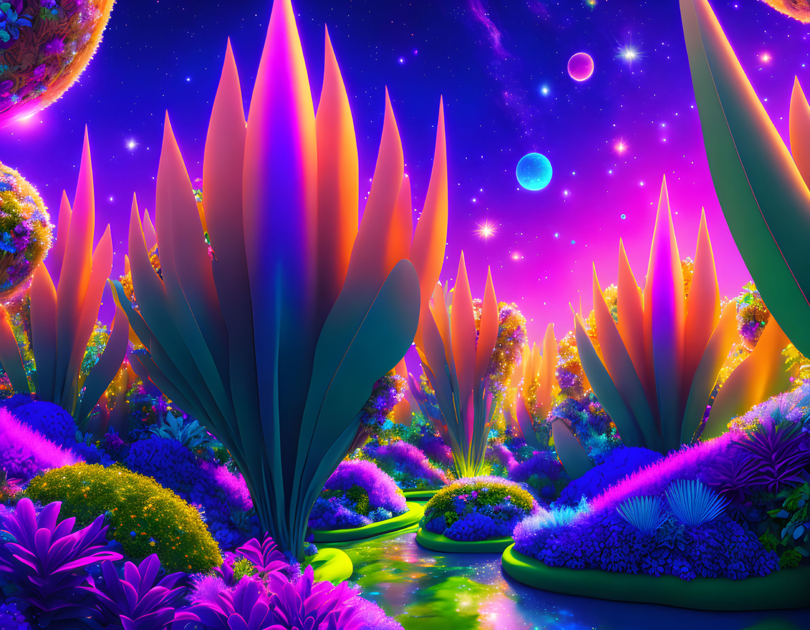 Fantasy landscape with oversized plants and colorful flowers under a starry night sky