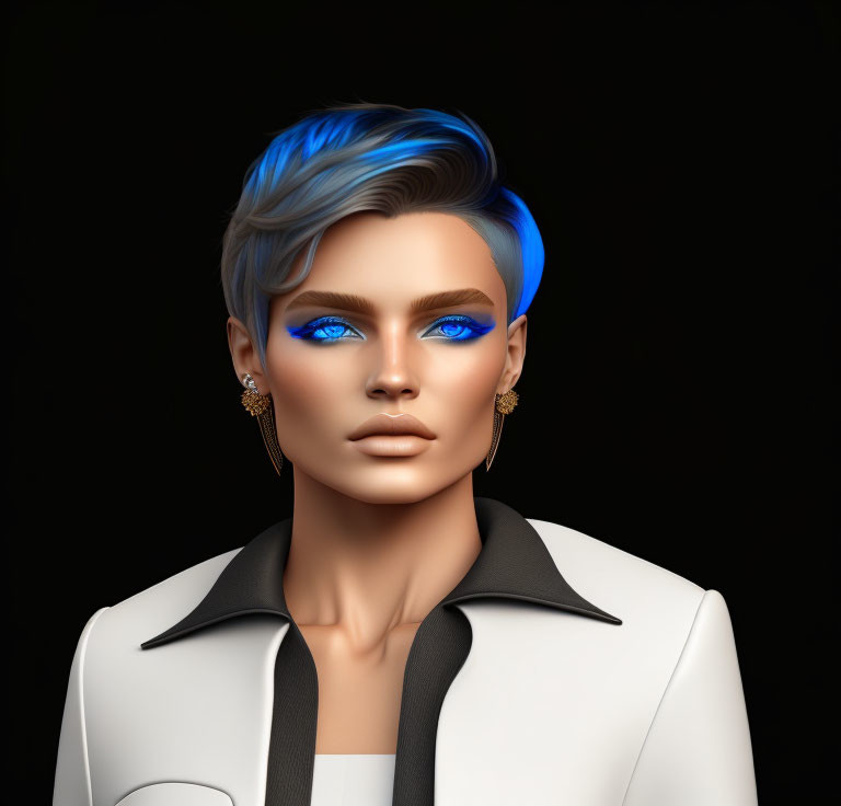 Portrait of a person with blue hair and eyes in white jacket with black lapels