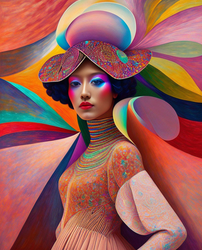 Colorful illustration of a woman in artistic hat with swirling background