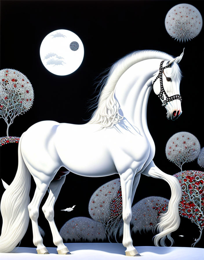 White Horse with Decorative Bridle in Fantasy Moonlit Scene