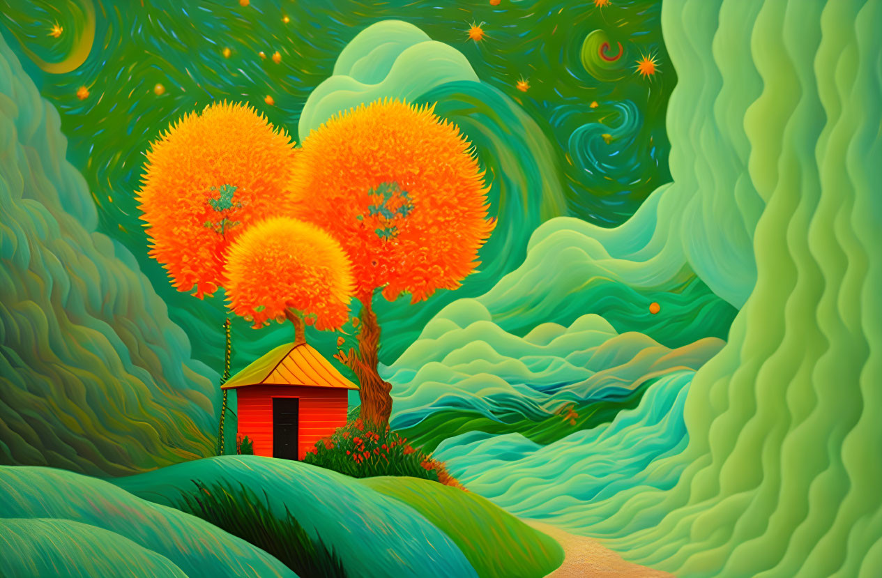 Surreal landscape with red-roofed hut, fiery tree, green hills, and starry