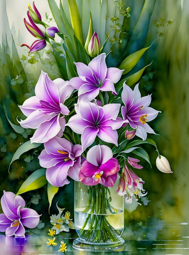 Colorful Purple and Pink Lilies in Glass Vase with Green Foliage