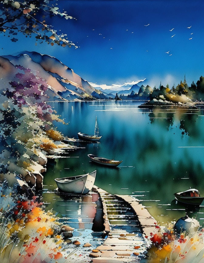 Serene lake scene with boats, stone path, foliage, mountains, and birds